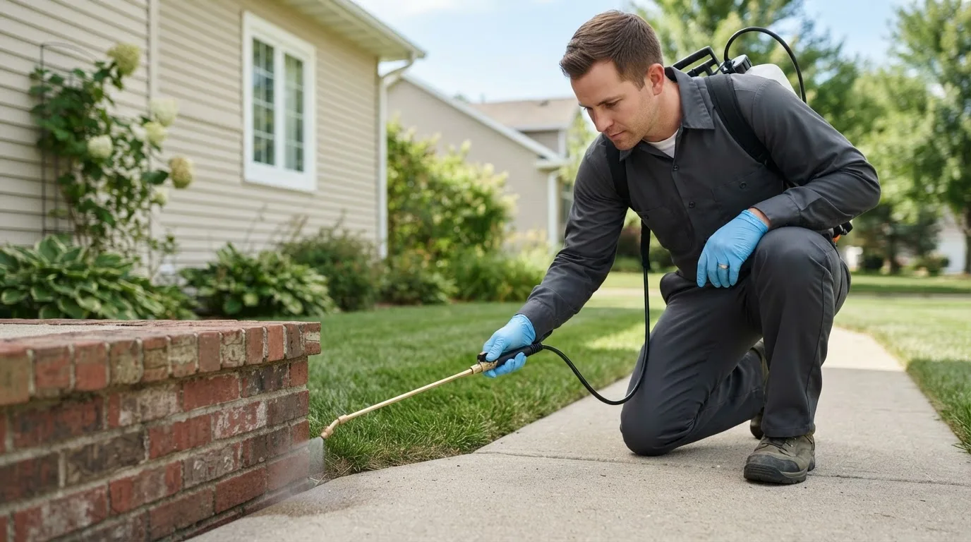 Pest control technician treating a home near Richton Park, IL